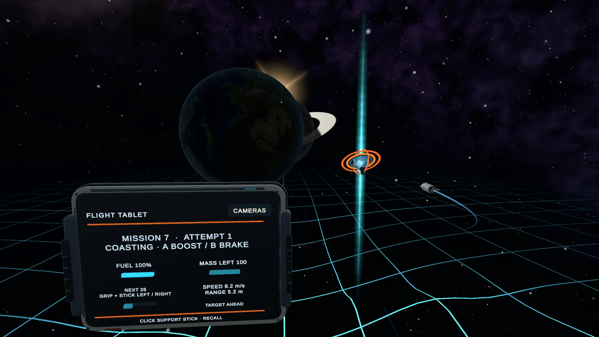 Arcwell flight tablet beside a miniature planet, target rings and a rocket in an orbital field.