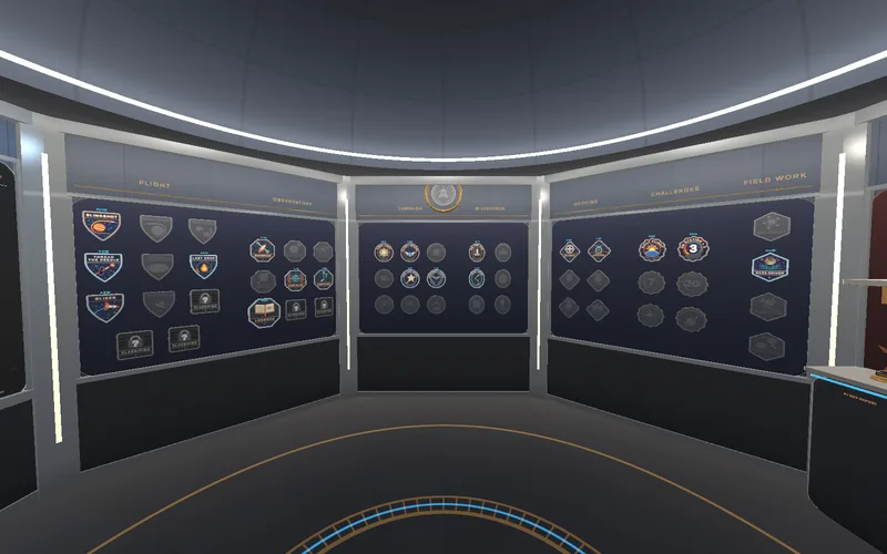 Walls of earned and locked commendation patches.