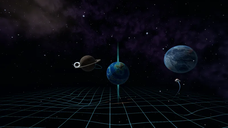 A mission field with a black hole, planets and the target beam.